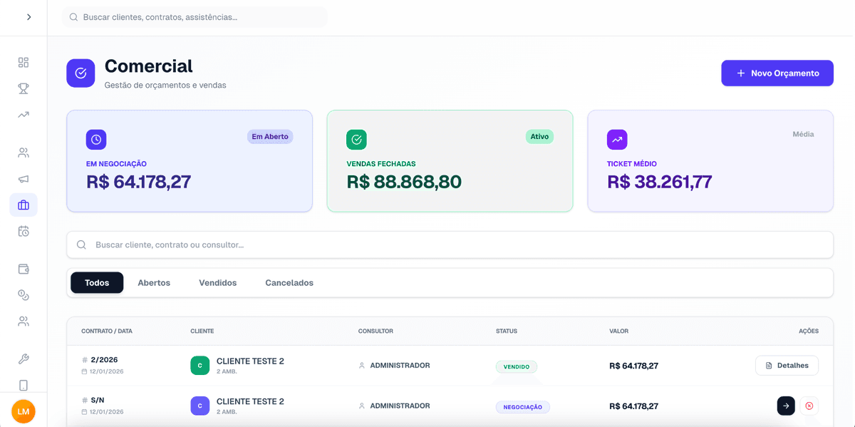 Módulo comercial e gestão de contratos
