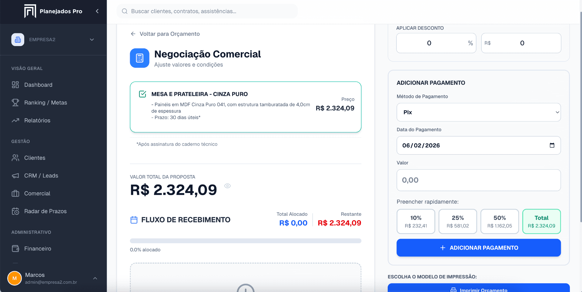 Tela de negociação comercial com descontos e parcelamento